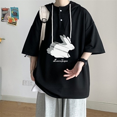 夏季港风冰丝宽松连帽短袖t恤五分体恤上衣TLM5005-P40控58，男装T恤，电商B370