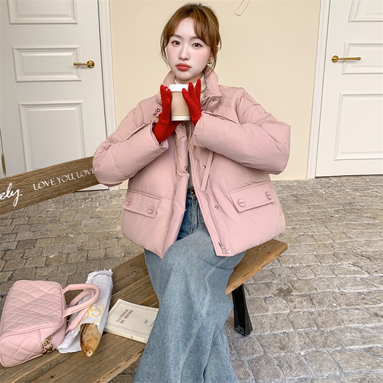 韩版粉色短款立领羽绒服女2025年冬季新款显瘦加厚保暖白鸭绒外套,女装羽绒服,2C236