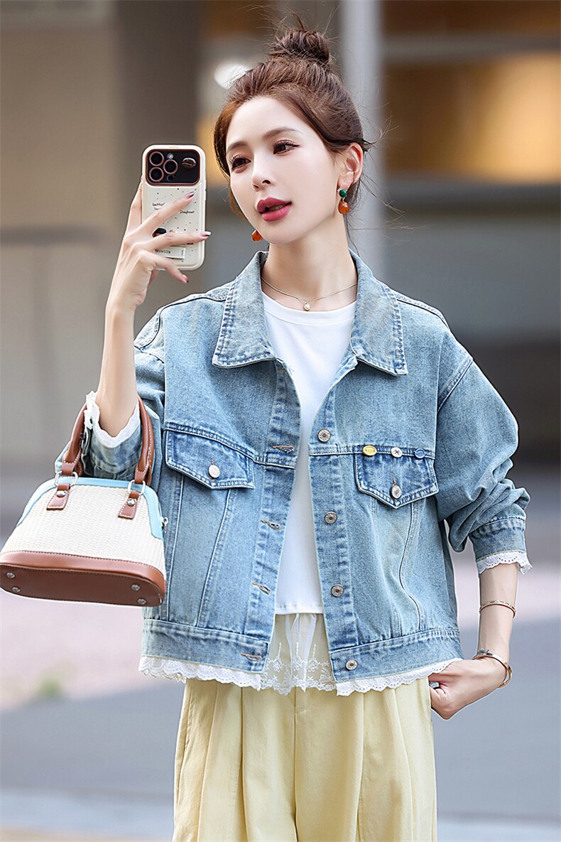 韩系蕾丝拼接下摆牛仔外套女春季2025新款宽松休闲设计感夹克上衣,女装短外套,星宇服饰