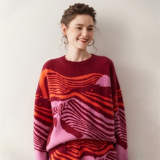 欧美大牌风山羊绒衫女圆领大码提花设计针织宽松套装休闲毛衣，女装套装/套裙，溪贝羊绒