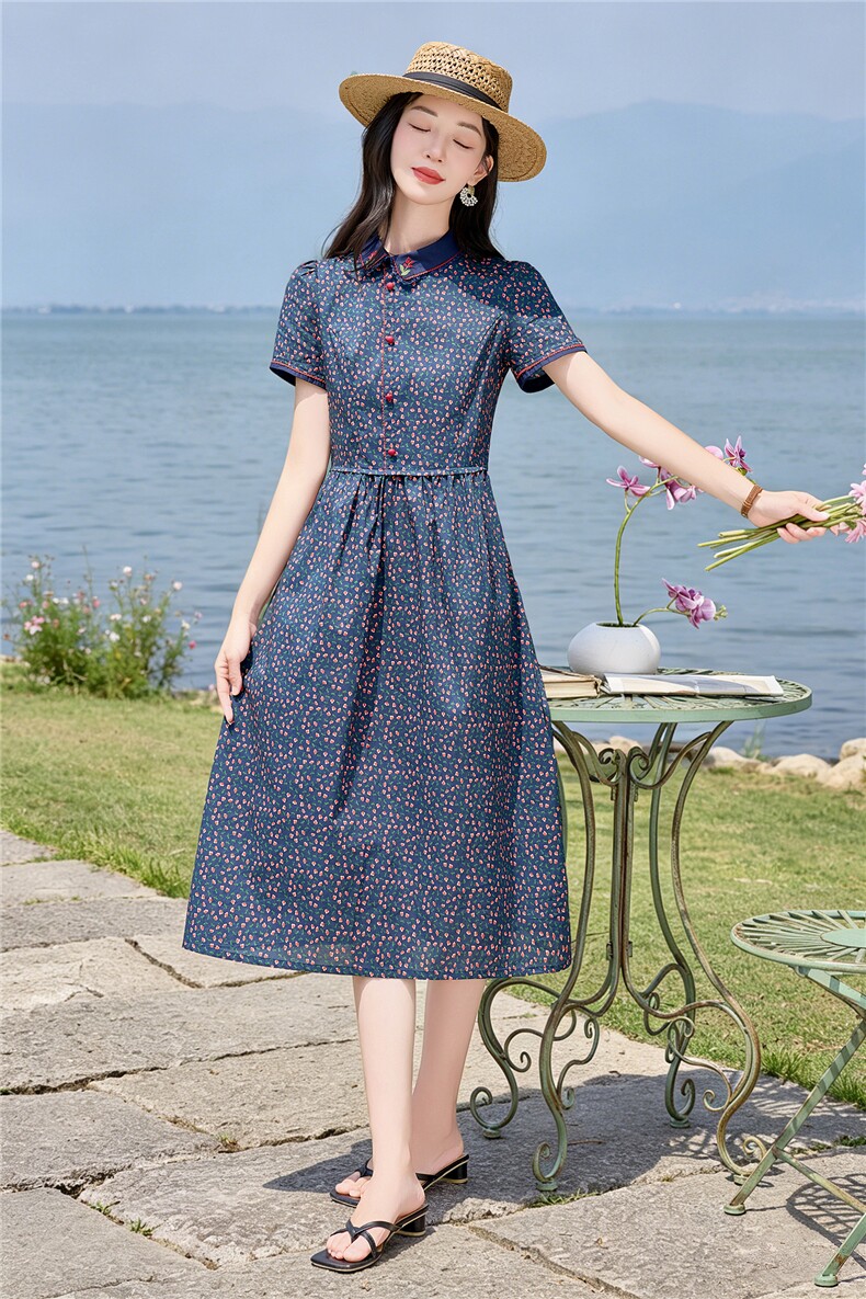田园风斜领碎花刺绣连衣裙女春夏收腰显瘦中长裙（细节图颜色为）,女装连衣裙,水衣源