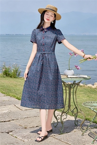 田园风斜领碎花刺绣连衣裙女春夏收腰显瘦中长裙（细节图颜色为）图片