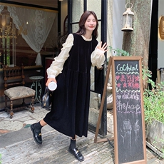 黑色假两件拼接丝绒连衣裙女2025春季新款法式超好看气质甜美长裙，女装连衣裙，2C108