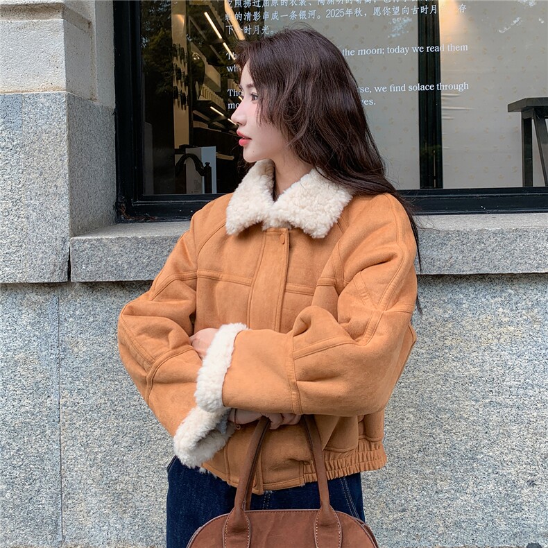 棕色高级感羊羔毛外套女冬季2025新款日系优雅时髦复古氛围感外套,女装棉衣/棉服,欣美人