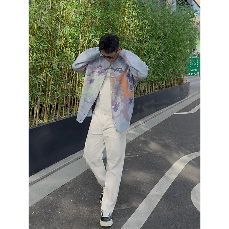 网图陈伟霆同款费尔岛涂鸦彩色针织开衫毛衣外套男女A1157-P100,男装针织衫/毛衣,星座1505