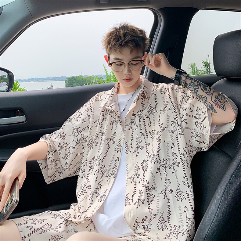2025美式扎染印花冰丝凉感短袖衬衫薄套装TZ5611/特P45杏色5,男装休闲套装,电商A094