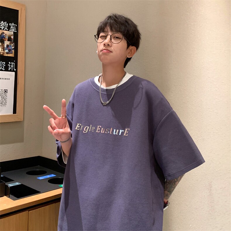 华夫格白色t恤男短袖夏季薄款美式高街2025新款半截袖情侣体恤衫,男装T恤,电商B220