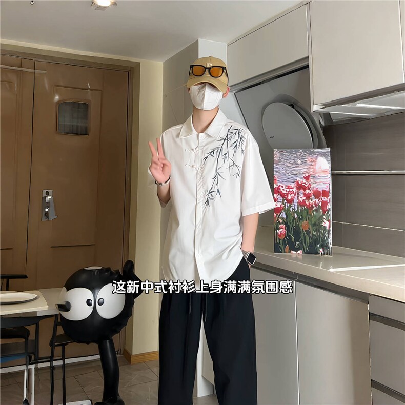 新中式男装风刺绣竹子短袖衬衫男款七分袖衬衣1007-H60-特P35图片