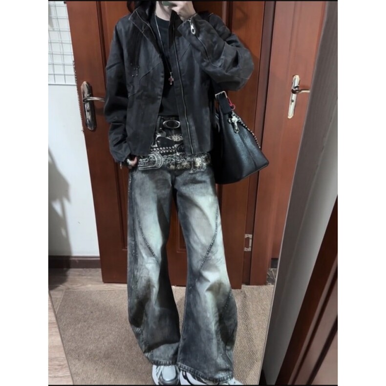 美式腰带印花复古弯刀牛仔裤高街风【现货】Y7096P53,男装牛仔裤,星座1112-1