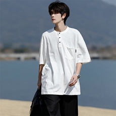 8XL-M亨利领亚麻短袖t恤男弹力大码宽松半袖开衩设计体恤DT002P45，男装T恤，电商B312