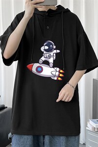LD54158-P45 连帽短袖t恤男大码胖子带帽五分袖中袖图片