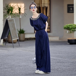 【大货】夏薄款松弛感气质一字肩牛仔套装女超好看高腰显瘦两件套图片