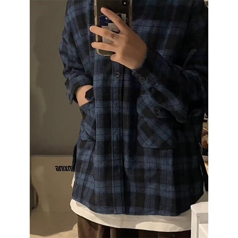 春秋新款蓝色格子衬衫松弛感男女宽松复古简约小刺绣长袖薄外套图片
