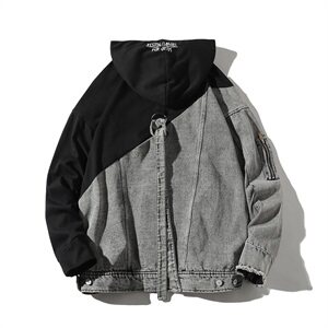 709-JK60-P11520秋款港风白底牛仔拼接印花帽衫潮牌夹克外套男,20岁韩国秋冬穿衣搭配图片