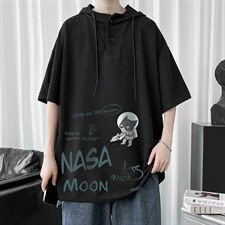 LD54187-P45NASA联名同款连帽短袖t恤男大码胖子带帽五分袖中袖，男装T恤，电商A040