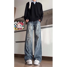 复古水洗做旧脏染破洞牛仔裤男春夏宽松直筒微喇vibe裤子NZA537，男装牛仔裤，星座516A