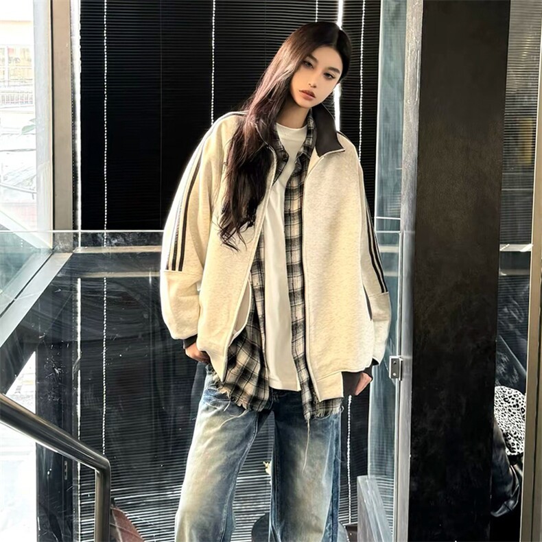 抖音得物高品质26春装美式高街重磅结构拼接织带立领卫衣外套CM42,女装短外套,电商A486-1