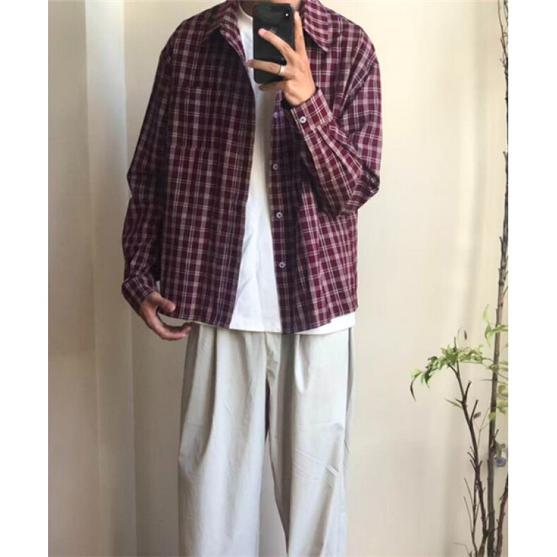 复古红色格子衬衫外套男女宽松衬衣休闲新款长袖上衣C216,男装衬衫,星座1116A（原606A-3）