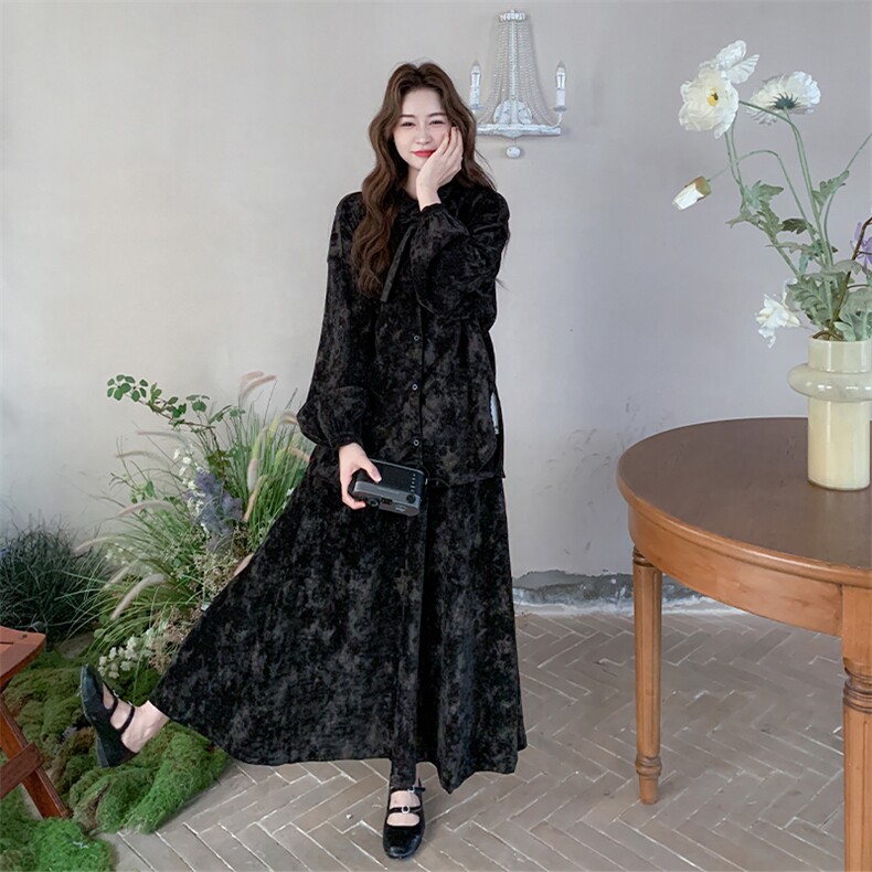 新中式国风印花套装女2025秋季新款复古气质优雅衬衫半身裙两件套,女装套装/套裙,2C007