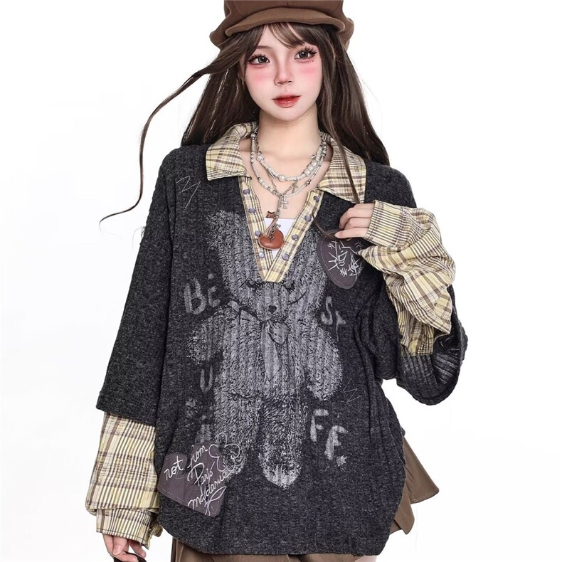 W116-P702025美式假两件撞色格子复古vintage外套早秋学院风,女装短外套,电商B323A