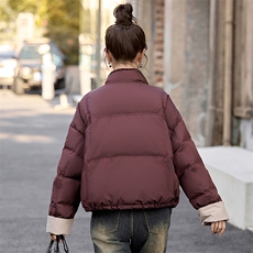 时尚拼色立领短款羽绒服女2025冬季小个子超好看面包服白鸭绒外套，女装羽绒服，沁沁公主