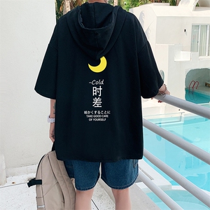 LD54047-P45 连帽短袖t恤男大码胖子带帽五分袖中袖图片