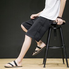 2025夏季新款风原创盘扣设计松紧腰休闲短裤黑色DK93-P45,男装牛仔裤,电商B277A（原A068）