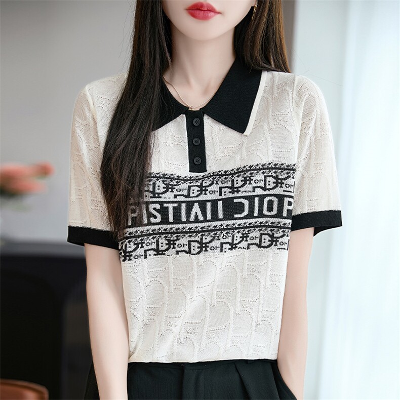 时尚单品~天丝莱塞尔polo领字母提花短袖T恤女宽松翻领针织上衣,女装T恤,羿纯羊绒