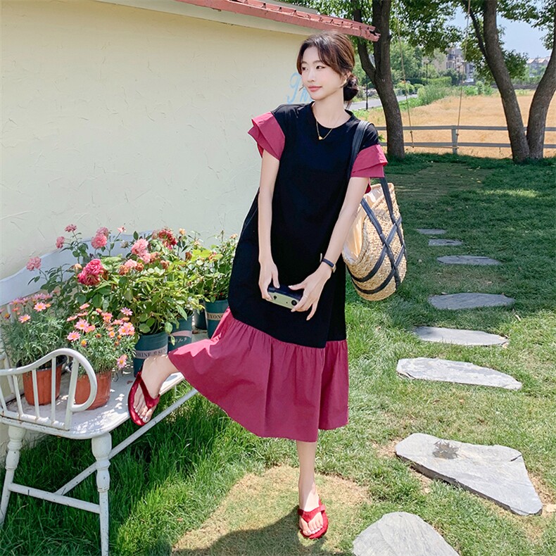 时尚撞色拼接连衣裙女2025夏季新款韩系宽松洋气设计感中长款裙子,女装连衣裙,2C203