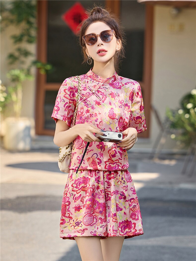 新中式印花连衣裙短裤套装女夏2025新款小个子国风旗袍裙子两件套,女装套装/套裙,贵人树