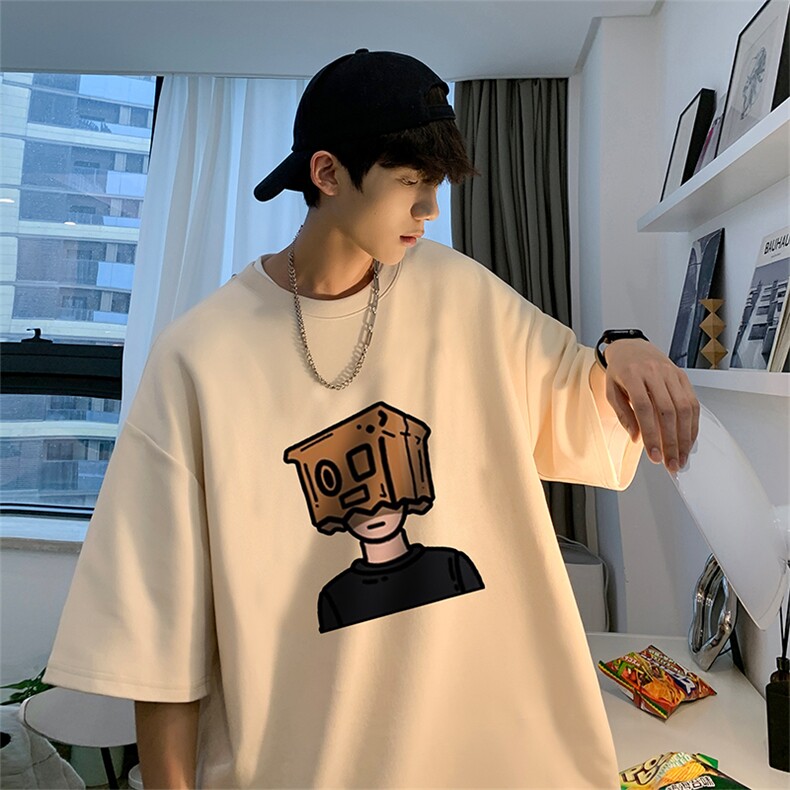 少年感穿搭男生短袖t恤男款夏季美式复古300g重磅卡通五分袖衣服,男装T恤,电商A486