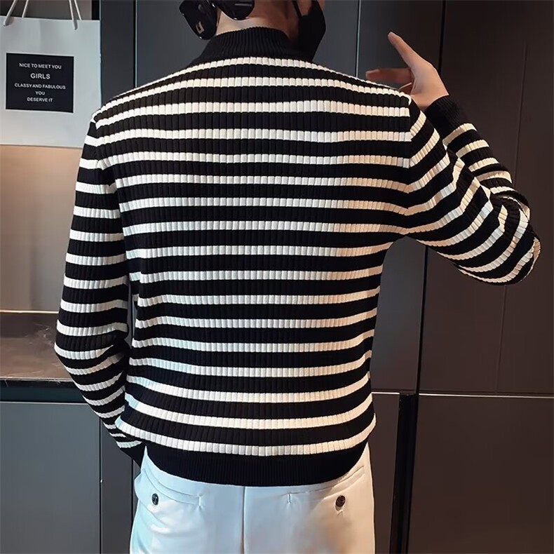 网红条纹毛衣男士秋冬季半高领打底针织衫修身韩版长袖毛线衣百搭,男装T恤,星座601-2