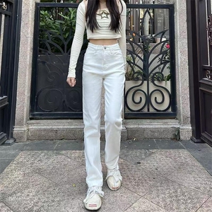 白色窄版阔腿直筒牛仔裤女2025春季新款高腰显瘦加长堆堆烟管裤子图片