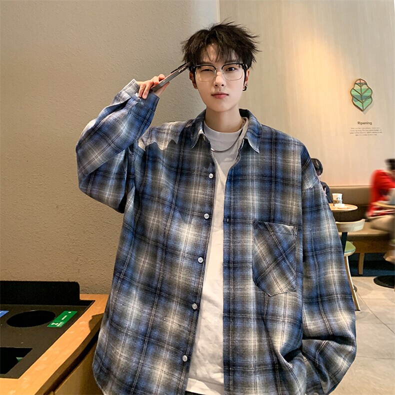 衬衫男春季新款港风宽松磨毛格子长袖衬衣CS2019-P35，男装衬衫，星座214-3