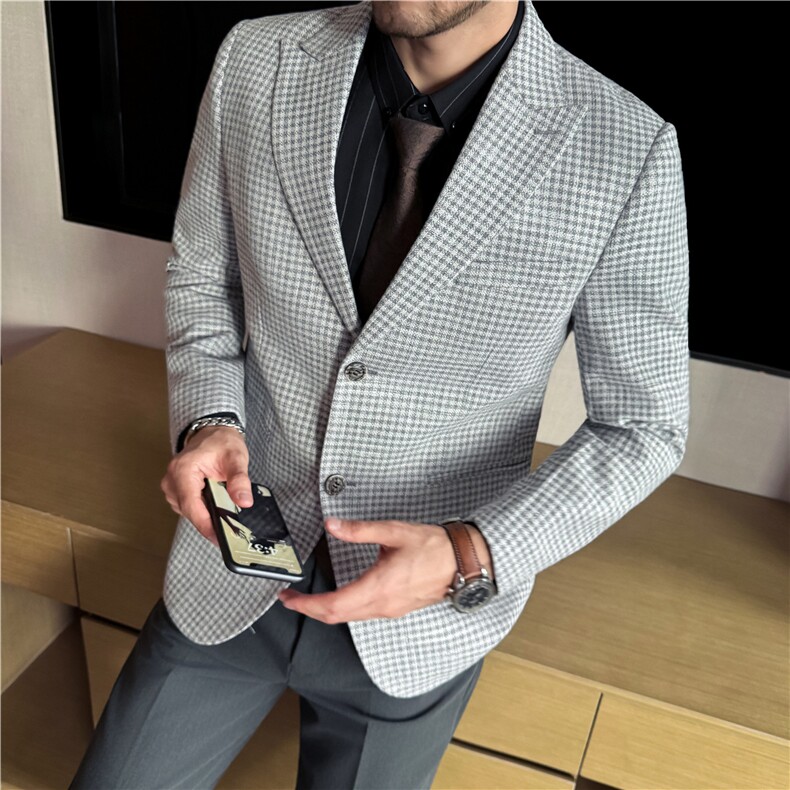羊毛老钱风厚款格纹西装外套男士高级感肌理感西服DX7036-P168,男装西服套装,电商A213