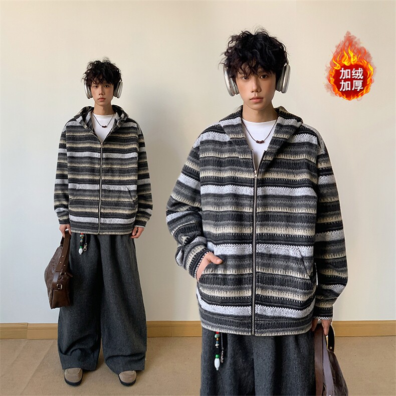 冬季加绒卫衣条纹长袖针织开衫复古潮牌外套5D1193-TP65118,男装卫衣,电商A102
