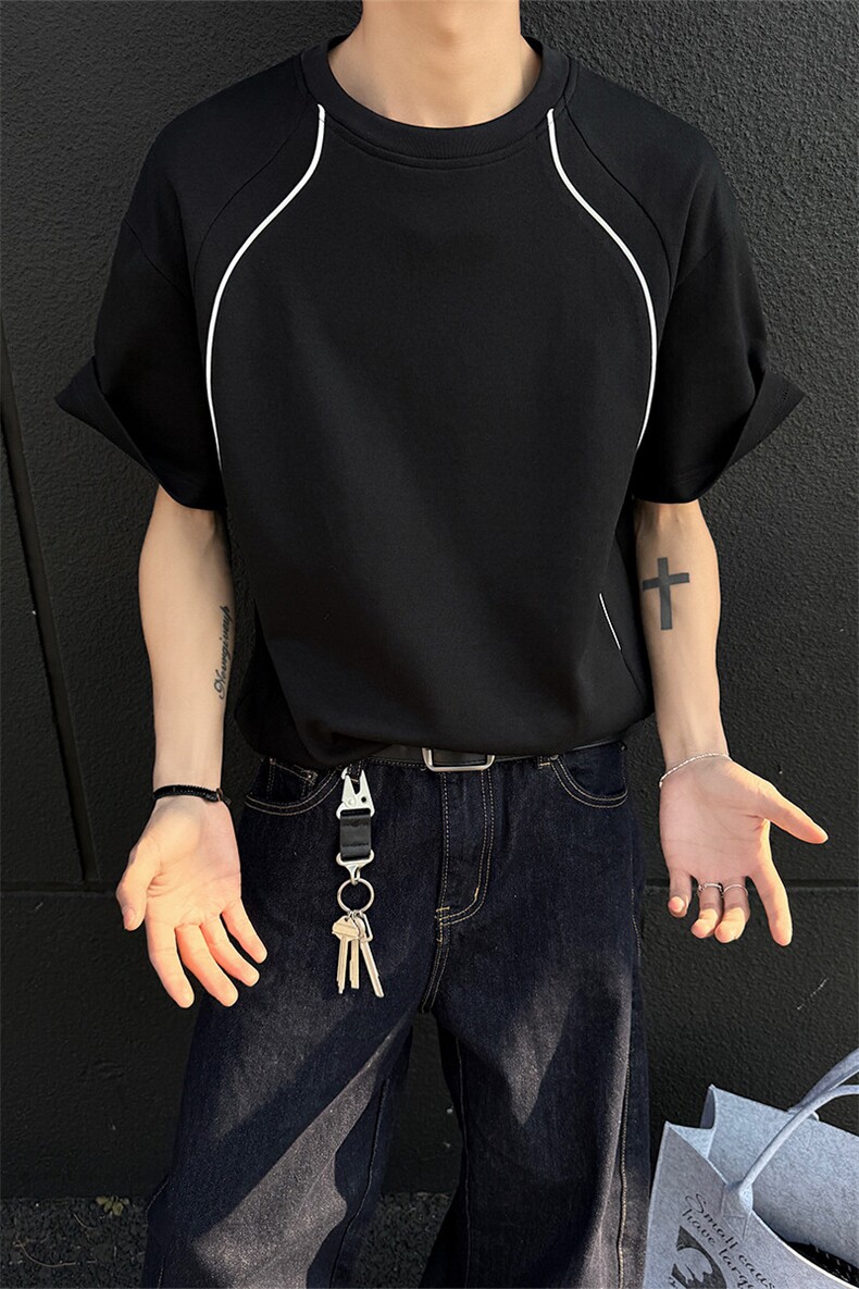 美式高街T恤X7081-TP18不小众宽松插肩拼接夏季短袖上衣,男装T恤,电商A102
