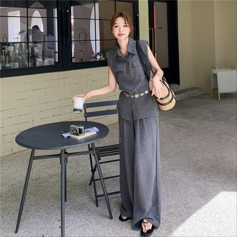 韩系高级感深灰色马甲套装女2025年夏季新款减龄显瘦阔腿裤两件套,女装套装/套裙,蝶眷