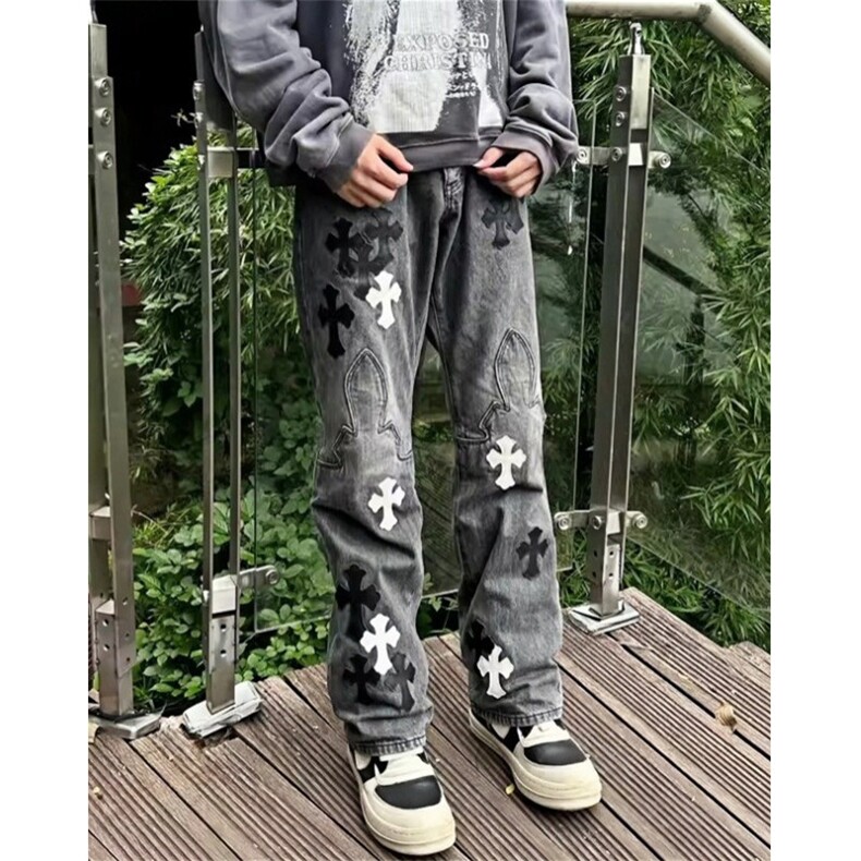 高街刺绣十字架长裤牛仔裤男街头复古水洗嘻哈休闲长裤NS33,男装牛仔裤,星座1116A（原606A-3）