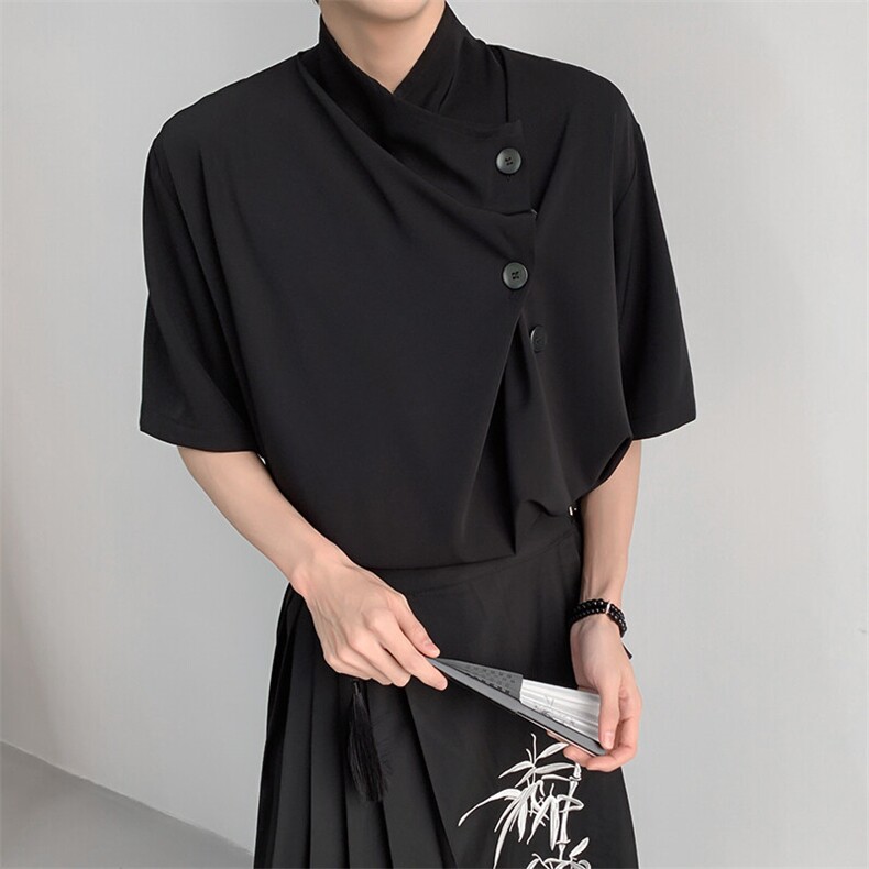 山本耀司品质夏季中袖现货中式纯色撞色排扣T恤CS29-P60控88,男装T恤,电商A021