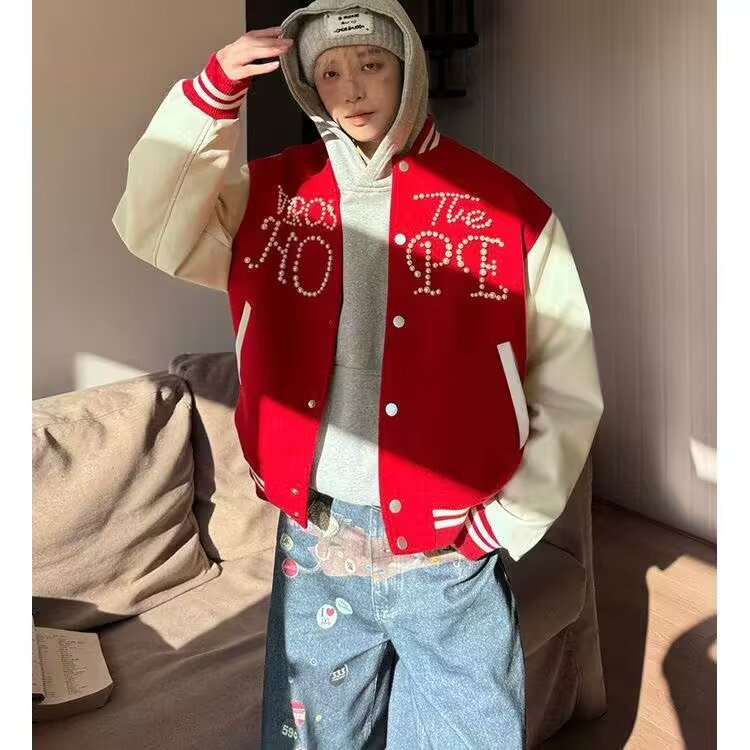 美式珍珠红色拼接棒球服男女春秋季新款高街百搭毛呢夹克立领外套,男装夹克,四季星座505
