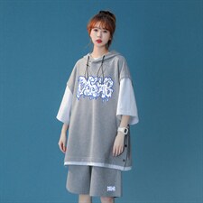 中性夏季青春时尚短袖运动风假两件连帽T恤套装TZ702P85控108，男装休闲套装，A247A