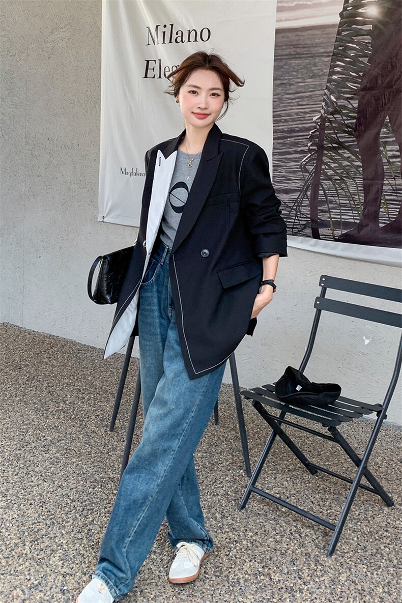 条纹拼接黑色西装外套女春秋2025新款高级感通勤气质休闲西服爆款,女装西装,浙宝285（原212）