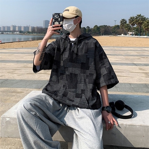 夏男连帽T恤小鱼鳞条纹小贴标工装织带五分袖外套T235 P38图片