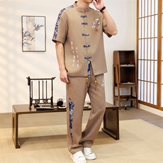 潮风套装男新中式短袖衬衫时尚休闲长裤两件套JZ305-P63，男装T恤，星座310B-3