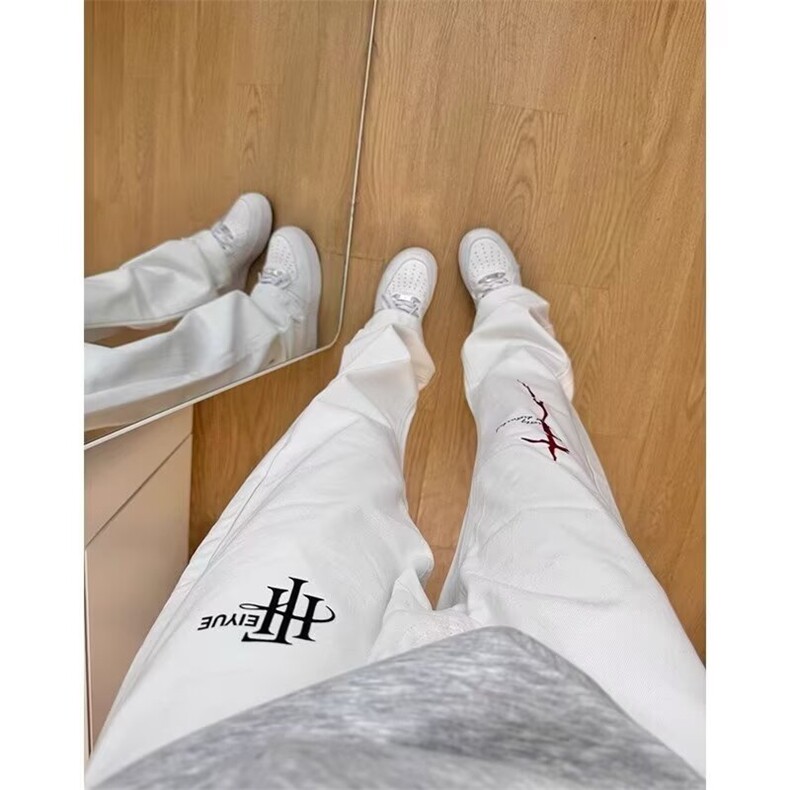 高街裤子白色潮闪电烫印微喇牛仔裤男款直筒修身弯刀AMB234P42,男装牛仔裤,星座1013-5