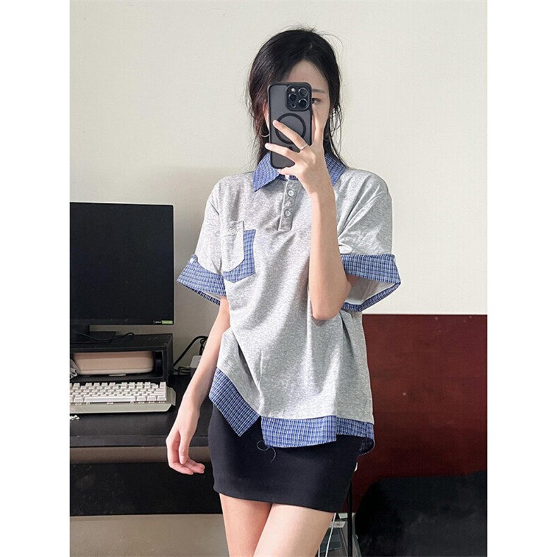 美式复古假两件撞色polo衬衫短袖t恤女夏季宽松上衣LY50700-p39图片