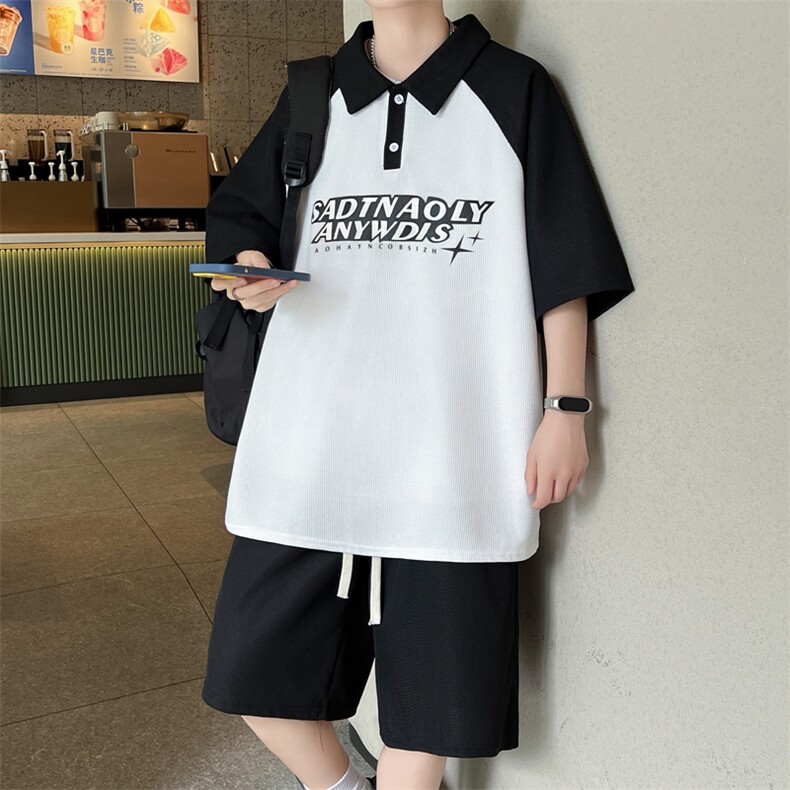 设计感撞色翻领短袖短裤夏季潮牌休闲运动两件套装现货T1801-P50,男装牛仔裤,星座512-4