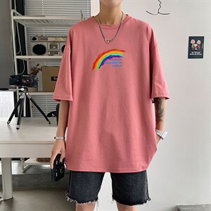 2024夏季新款宽松大码港风oversize彩虹运动短袖纯棉T恤T1902-P22,男装T恤,星座508（原C305）