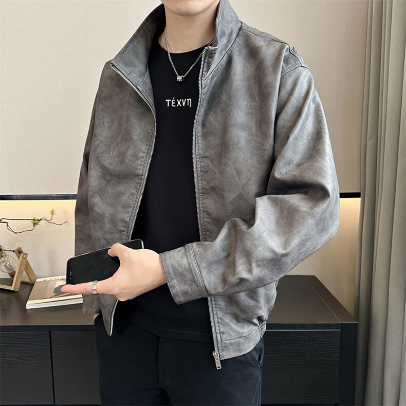 秋季新款店主风立领休闲pu皮皮衣夹克时尚帅气外套男潮PY163-P135，男装夹克，电商A413